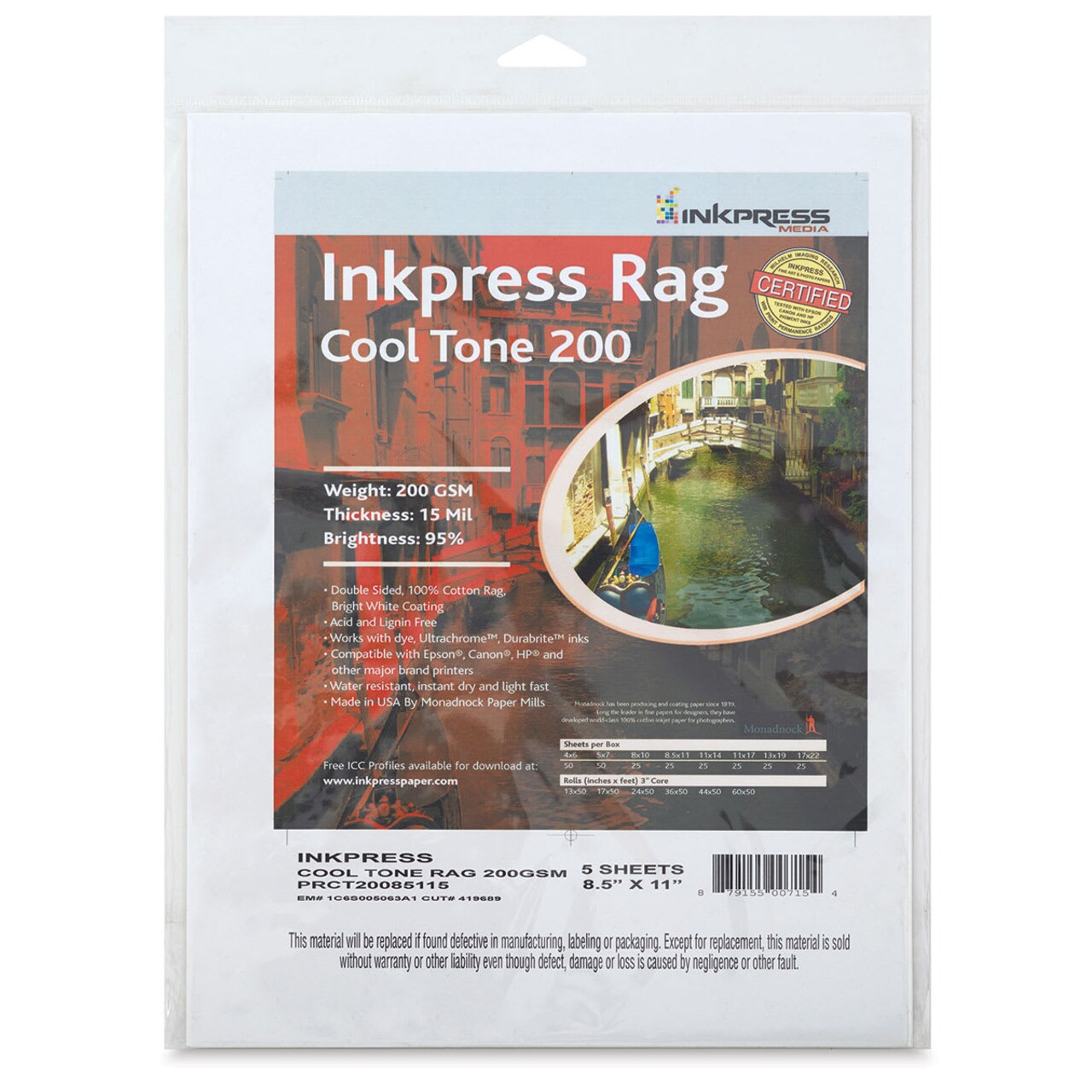 Inkpress Rag Digital Paper - Cool Tone, 200 gsm, 8-1/2" x 11", 25 Sheets